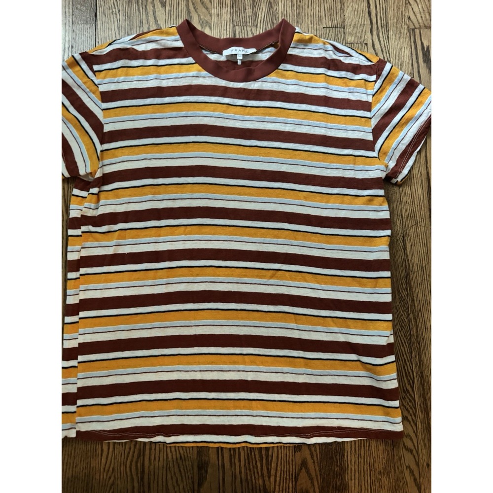 FRAME Mens Unisex M 100% Linen Striped T Shirt Rust Mustard Blue Crewneck